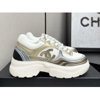 Top Design Chanel Calfskin Leather and Mesh Platform Sneakers White/Gold 2025 CH110104 1101037