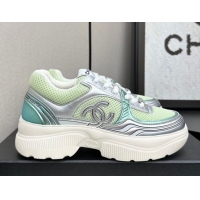 Good Quality Chanel Calfskin Leather and Mesh Platform Sneakers Green/Silver 2025 CH110104 1101038