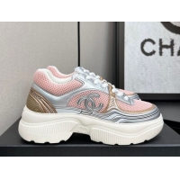 Unique Style Chanel Calfskin Leather and Mesh Platform Sneakers Pink/Silver 2025 CH110104 1101039