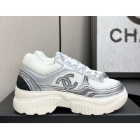 Grade Quality Chanel Calfskin Leather and Mesh Platform Sneakers White/Silver 2025 CH110104 1101042
