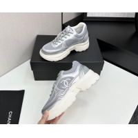 Pretty Style Chanel Calfskin Leather and Mesh Platform Sneakers Silver/Grey 2025 CH110104 1101043