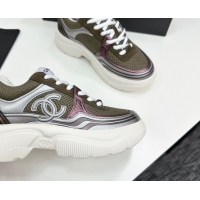 Cheap Price Chanel Calfskin Leather and Mesh Platform Sneakers Khaki Green 2025 CH110104 1101044