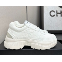 Durable Chanel Calfskin Leather and Knit Platform Sneakers All White 2025 CH110104 1101045
