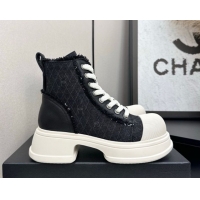 Charming Chanel Quilted Denim and Fringe High Top Platform Sneakers Black/White 2025 CH110108