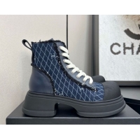 Grade Quality Chanel Quilted Denim and Fringe High Top Platform Sneakers Navy Blue 2025 CH110108