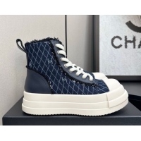 Best Grade Chanel Quilted Denim and Fringe High Top Platform Sneakers Navy Blue CH110109