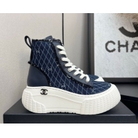 Best Product Chanel Quilted Denim and Fringe High Top Platform Sneakers Navy Blue 2025 CH110110