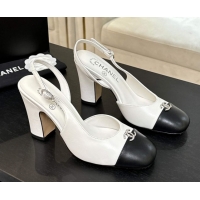 Sumptuous Chanel Lambskin and Calfskin Leather Slingback Pumps 9cm with Strass CC White 2025 CH110301