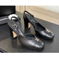 Unique Discount Chanel Lambskin and Calfskin Leather Slingback Pumps 9cm with Strass CC Black 2025 CH110301