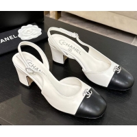 Low Cost Chanel Lambskin and Calfskin Leather Slingback Pumps 6.5cm with Strass CC White CH110301