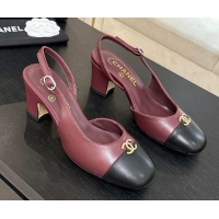 Stylish Chanel Lambskin and Calfskin Leather Slingback Pumps 6.5cm with Strass CC Burgundy CH110301