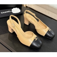 Classic Hot Chanel Lambskin and Calfskin Leather Slingback Pumps 6.5cm with Strass CC Beige 2025 CH110301