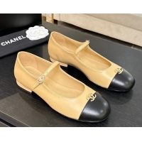 Top Grade Chanel Lambskin and Calfskin Leather Mary Janes Ballets Flat with Strass CC Beige 2025 CH110301