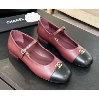 Good Quality Chanel Lambskin and Calfskin Leather Mary Janes Ballets Flat with Strass CC Burgundy 2025 CH110301