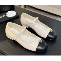 1:1 aaaaa Chanel Lambskin and Calfskin Leather Mary Janes Ballets Flat with Strass CC White 2025 CH110301