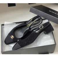 Good Quality Chanel Tweed & Grosgrain Slingbacks Pumps 3.5cm with CC Tag Black 2025 G46441 1103031