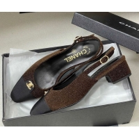 Perfect Chanel Tweed & Grosgrain Slingbacks Pumps 3.5cm with CC Tag Brown 2025 G46441 1103032