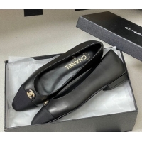 Duplicate Chanel Lambskin & Grosgrain Ballets Flat with CC Tag Black 2025 G46441 1103033