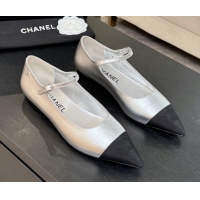 Most Popular Chanel Lambskin & Grosgrain Pointed Mary Janes Ballet Flats Silver 2025 G46849 103039