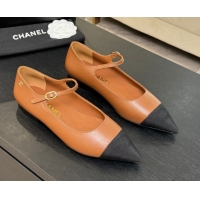 Top Grade Chanel Lambskin & Grosgrain Pointed Mary Janes Ballet Flats Brown 2025 G46849 1103040