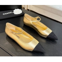 Durable Chanel Lambskin & Grosgrain Pointed Mary Janes Ballet Flats Gold 2025 G46849 1103042
