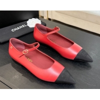 Luxury Chanel Lambskin & Grosgrain Pointed Mary Janes Ballet Flats Red 2025 G46849 1103045