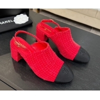 Charming Chanel Cotton Tweed & Grosgrain Slingbacks Pump 6.5cm Red/Black G46865 1103048