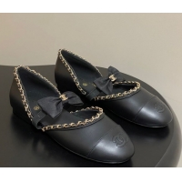 Grade Quality Chanel Lambskin Mary Janes Ballets Flat with Bow and Chain Black 2025 G46701 1103053