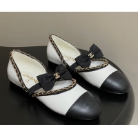 Top Grade Chanel Lambskin Mary Janes Ballets Flat with Bow and Chain White 2025 G46701 1103054