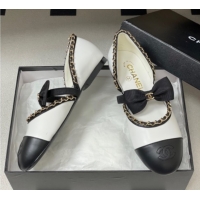 Top Grade Chanel Lambskin Mary Janes Ballets Flat with Bow and Chain White 2025 G46701 1103054