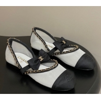 Durable Chanel Mesh & Grosgrain Mary Janes Ballets Flat with Bow and Chain White 2025 G46701 1103056