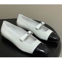 Chanel Lambskin and Patent Leather Mary Janes Ballet Flats with Bow White 2025 CH110302 1103067