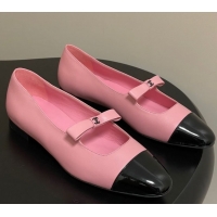 Sumptuous Chanel Lambskin and Patent Leather Mary Janes Ballet Flats with Bow Pink 2025 CH110302 1103069