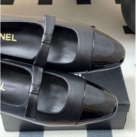 Luxurious Chanel Lambskin and Patent Leather Mary Janes Ballet Flats with Bow Black 2025 CH110302 1103066