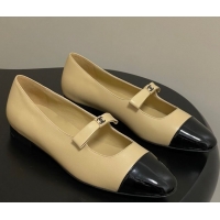 Best Product Chanel Lambskin and Patent Leather Mary Janes Ballet Flats with Bow Beige 2025 CH110302 1103068