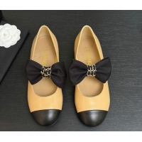 Good Looking Chanel Lambskin Leather Mary Janes Ballet Flats with Bow Beige 2025 CH110303 1103072