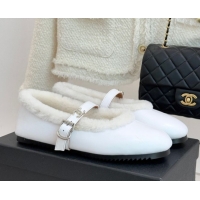 Luxurious Chanel Calfskin Leather and Wool Mary Janes Ballet Flats White 2025 CH110304 1103075