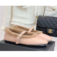 Good Quality Chanel Calfskin Leather and Wool Mary Janes Ballet Flats Light Pink 2025 CH110304 51103077