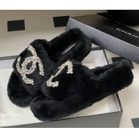 Best Grade Chanel Wool Platform Slides Sandal with Strass CC Black 2025 CH110305 1103081