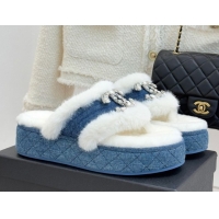 Top Grade Chanel Denim and Wool Platform Slides Sandal with Strass CC Blue 2025 CH110307 1103089