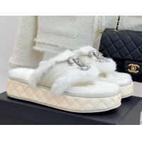 Stylish Chanel Fabric and Wool Platform Slides Sandal with Strass CC White 2025 CH110307 1103090