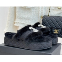 Durable Chanel Fabric and Wool Platform Slides Sandal with Strass CC Black 2025 CH110307 1103091