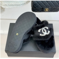 Durable Chanel Fabric and Wool Platform Slides Sandal with Strass CC Black 2025 CH110307 1103091