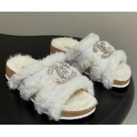 Chanel Suede and Wool Platform Slides Sandal with Strass CC White 2025 CH110308 1103093