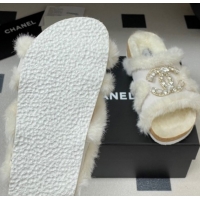 Chanel Suede and Wool Platform Slides Sandal with Strass CC White 2025 CH110308 1103093