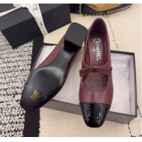 Good Quality Chanel Lambskin and Patent Leather Mary Janes Pumps 5cm with Bow Burgundy 2025 CH110302 1103105