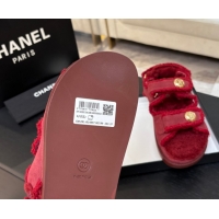 Best Grade Chanel Coco Neige Suede and Wool Flat Strap Sandals Red 2025 CH110312 1103111