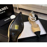 Stylish Chanel Lambskin & Grosgrain Flats Shoes with Pearls and Camellia Bloom Beige Yellow 2025 CH110313 1103113