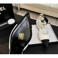 Good Product Chanel Lambskin & Grosgrain Flats Shoes with Pearls and Camellia Bloom White 2025 CH110313 1103115