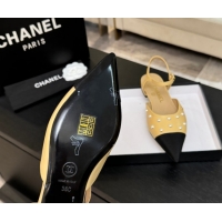 Best Price Chanel Lambskin & Grosgrain Flats Slingbacks with Pearls Beige Yellow 2025 CH110314 1103116